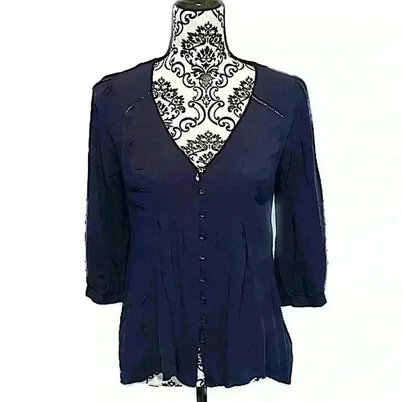 Anthropologie Vanessa Virginia Bold Blue Pleated Flowy Top - Picture 3 of 10